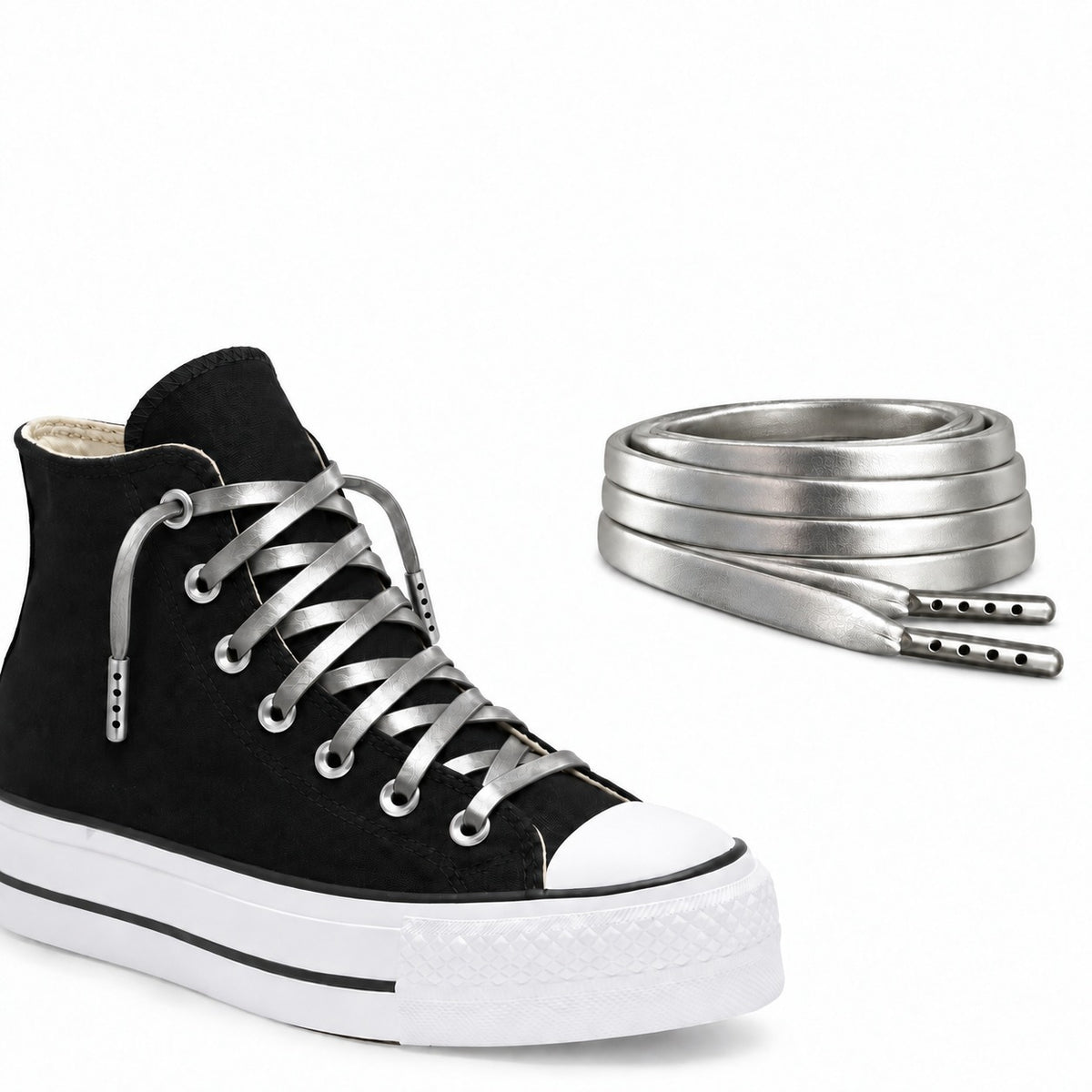 Silber – lederschnuersenkel flach silber 05 schuh plateau schwarz