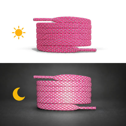Pink Neon – schnuersenkel reflektierend flach pink neon 02 tag nacht