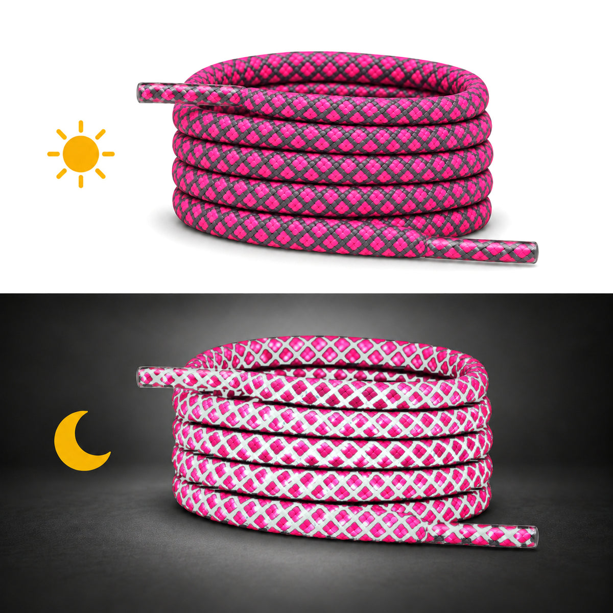 Pink Neon – schnuersenkel reflektierend rund pink neon 02 tag nacht